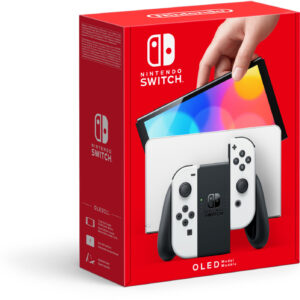 Nintendo Switch (modèle OLED) avec station d’accueil et manettes Joy-Con blanches